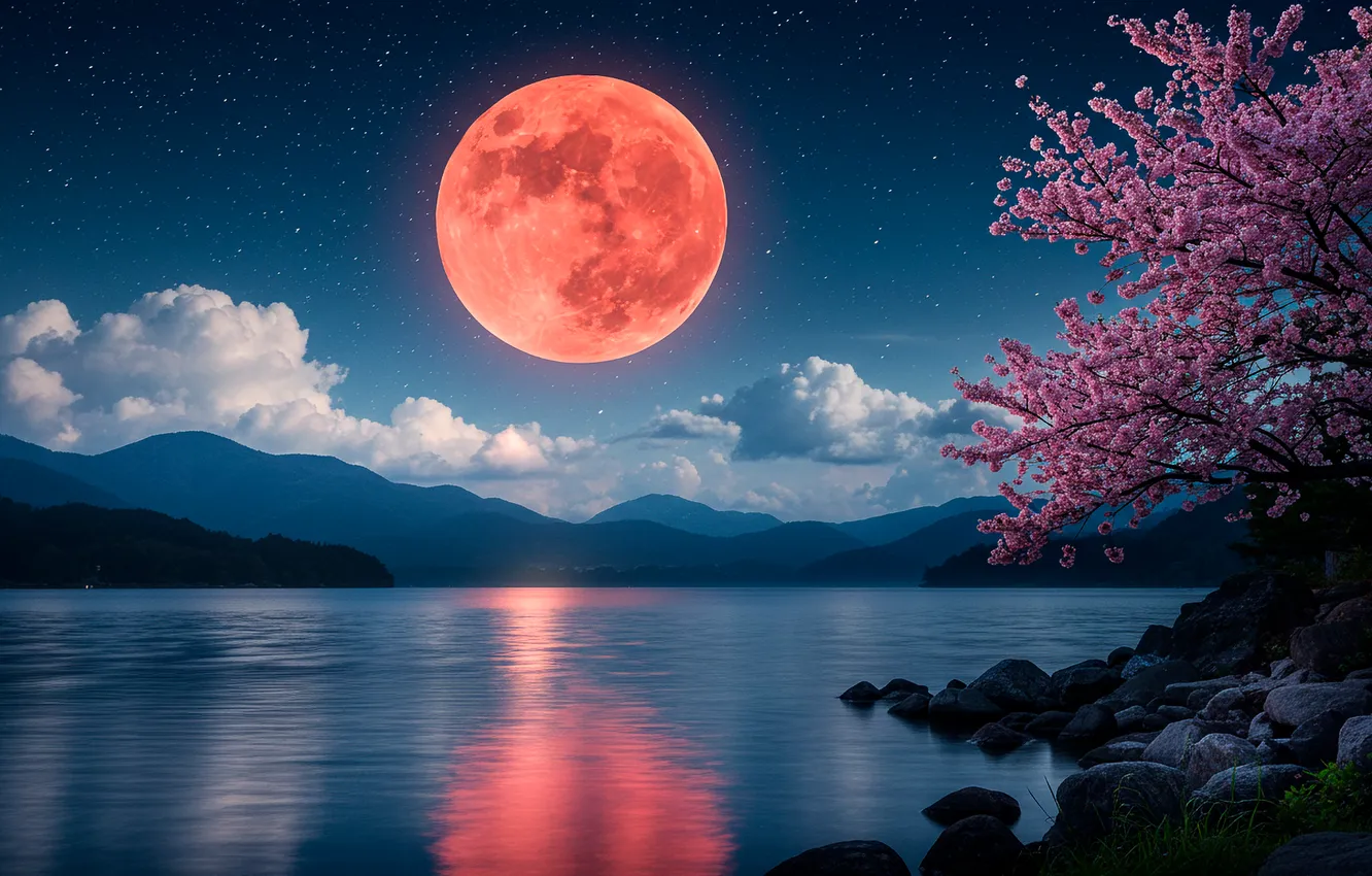 Фото обои горы, ночь, озеро, луна, сакура, арт, wallpaper, moon