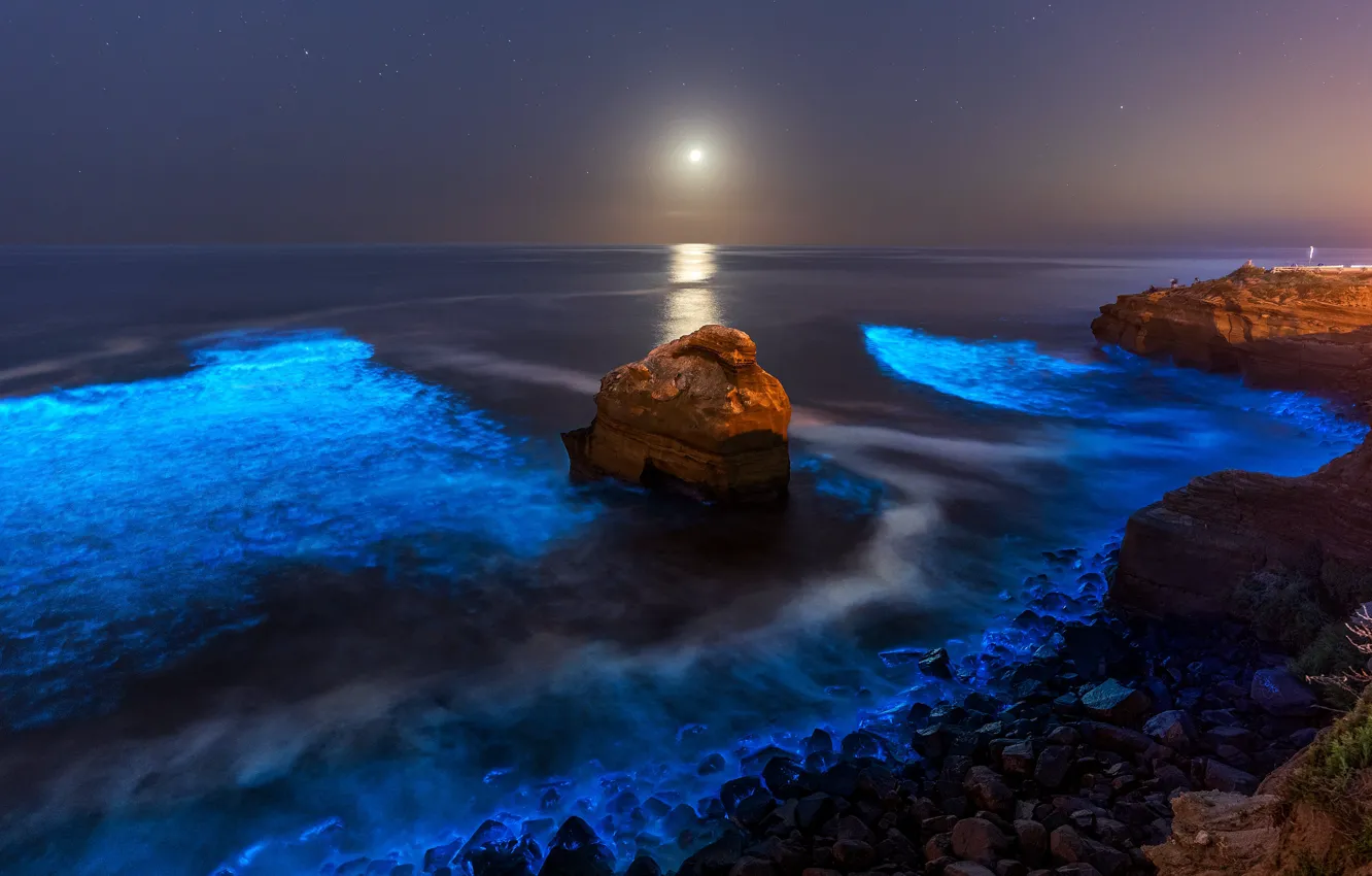 Фото обои море, ночь, скалы, берег, прибой