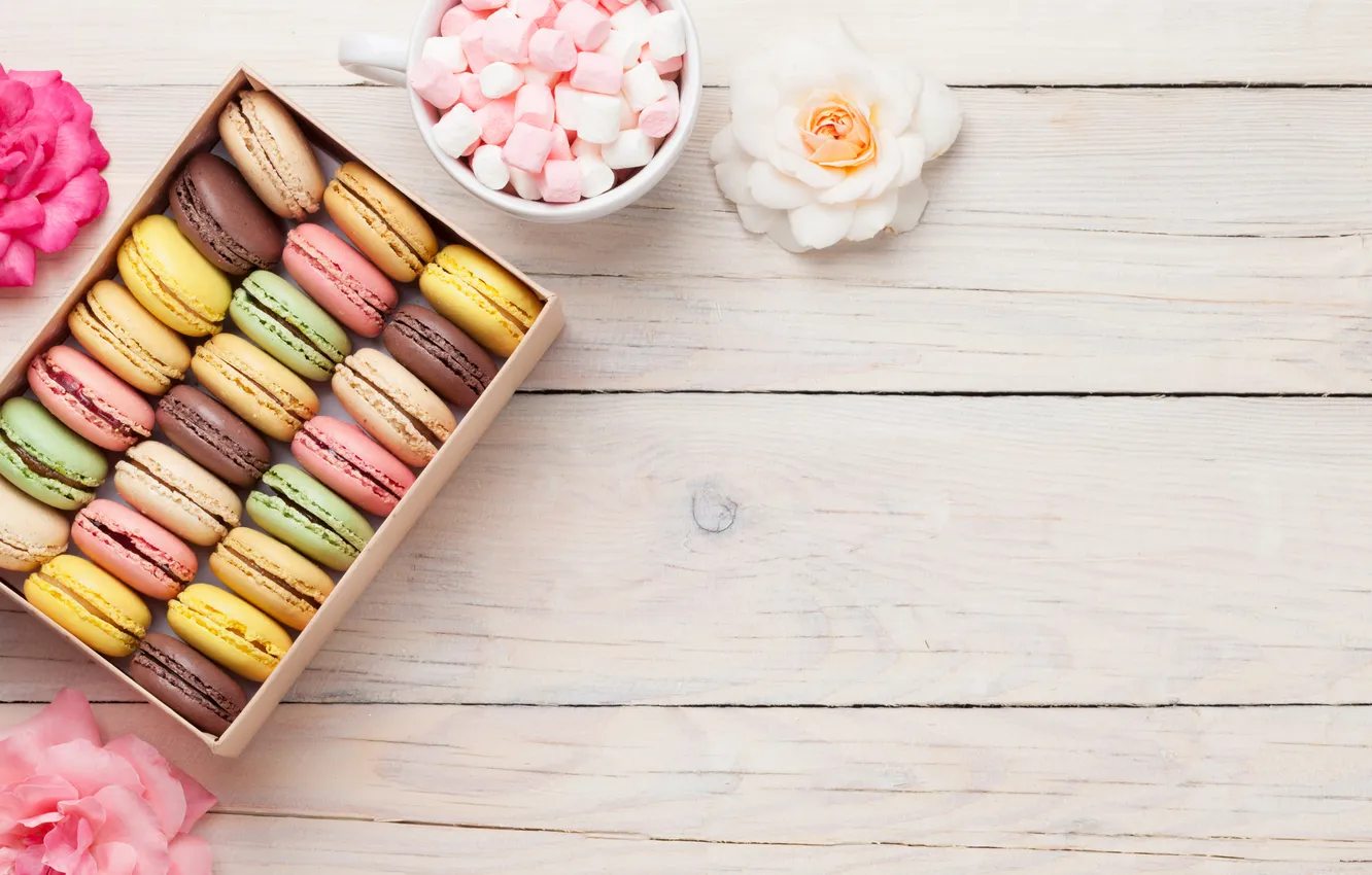 Фото обои цветы, подарок, colorful, wood, pink, flowers, macarons, gift box
