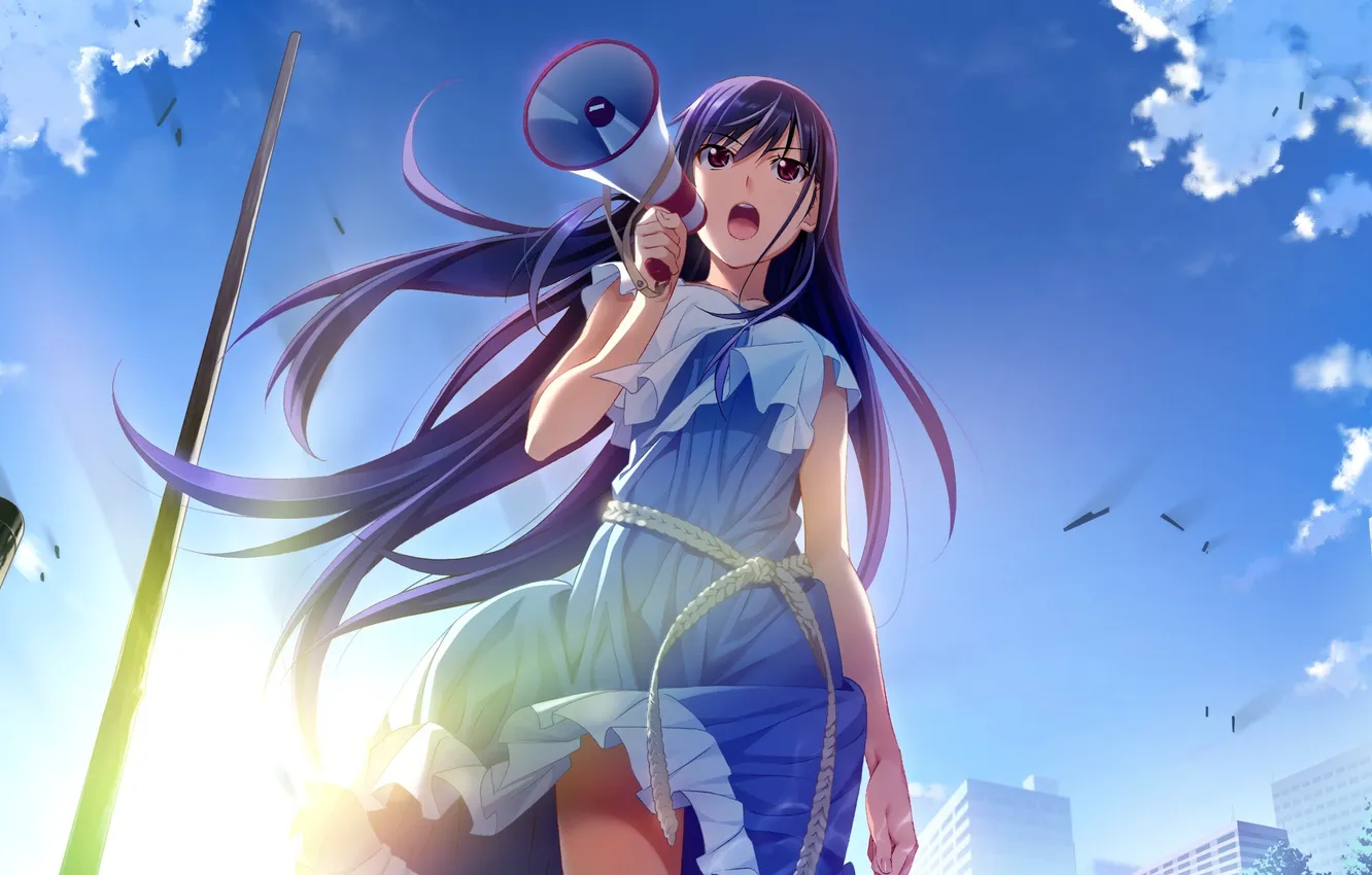 Фото обои небо, девушка, солнце, облака, город, здания, арт, grisaia no kajitsu