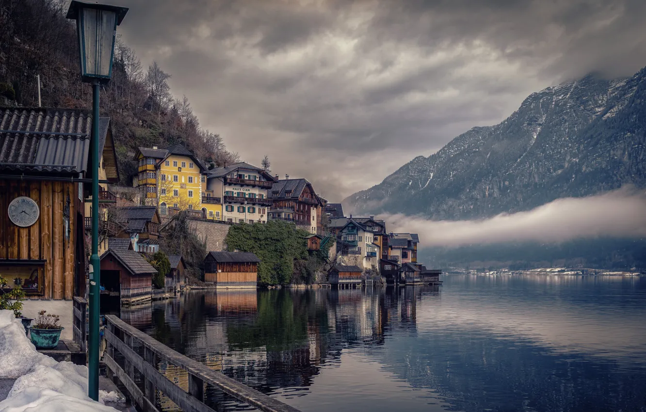 Фото обои горы, озеро, пасмурно, Австрия, Austria, Hallstatt