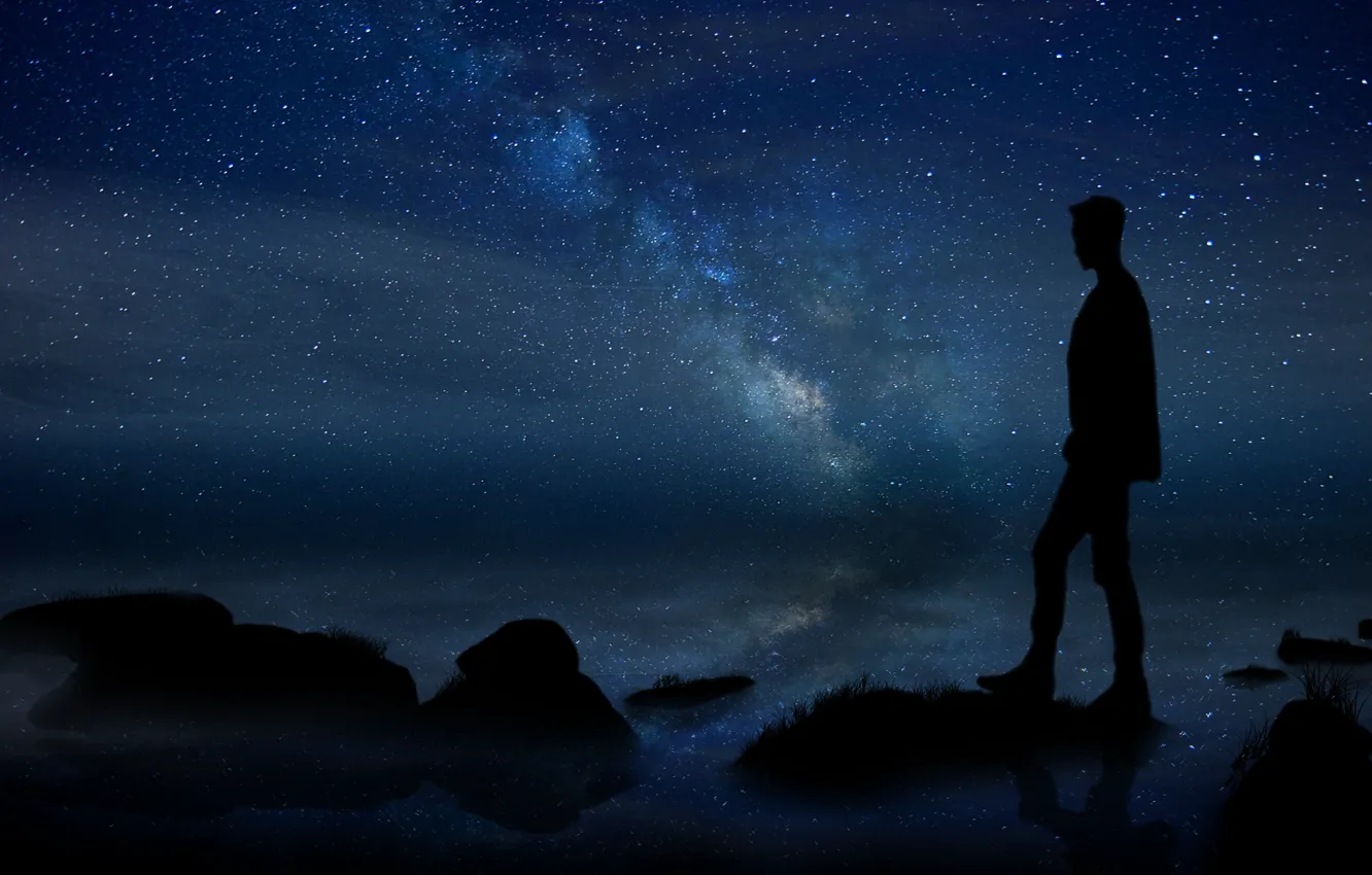 Фото обои summer, white, grass, black, sea, blue, stars, man