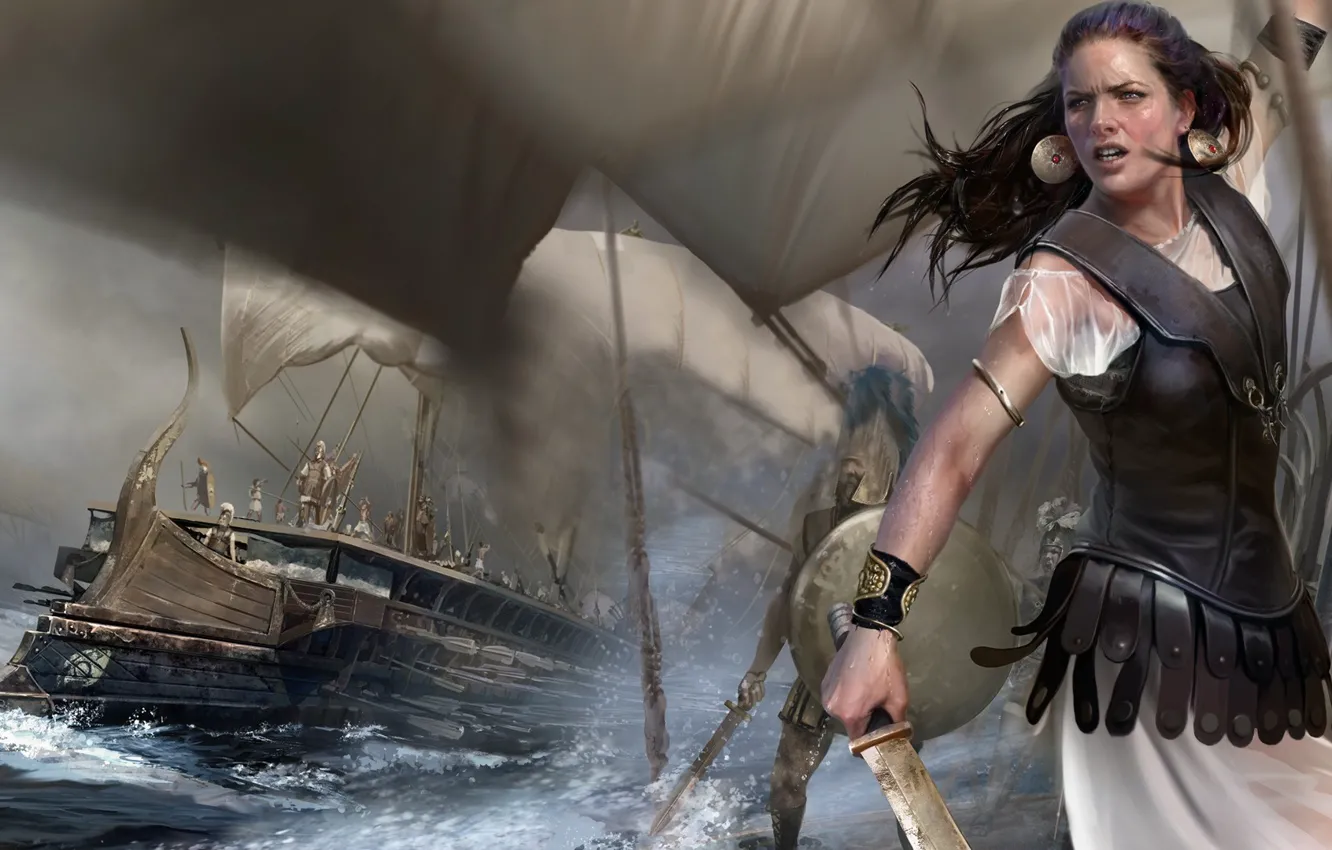 Фото обои девушка, корабли, меч, доспехи, паруса, непогода, воины, Rome: Total War