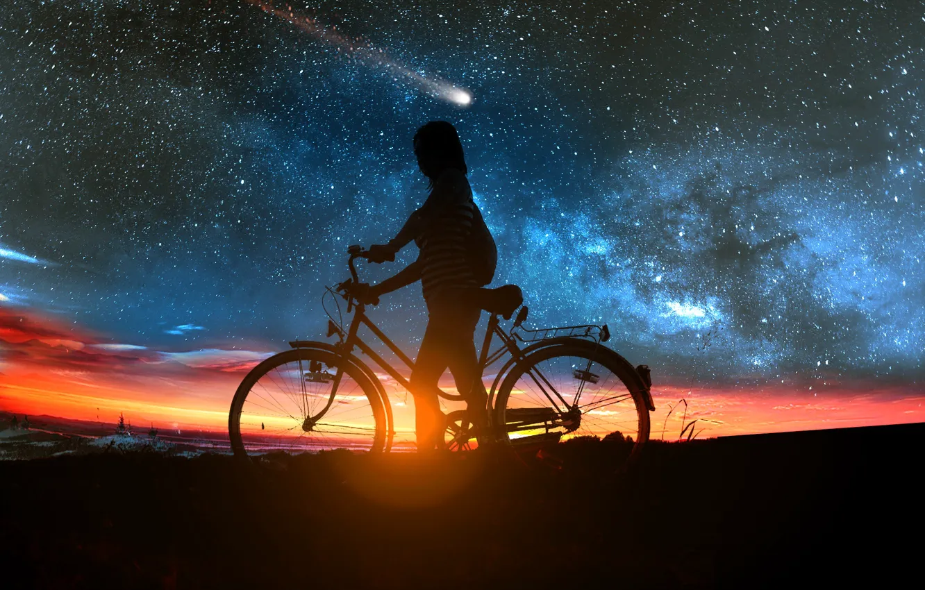 Фото обои девушка, закат, велосипед, комета