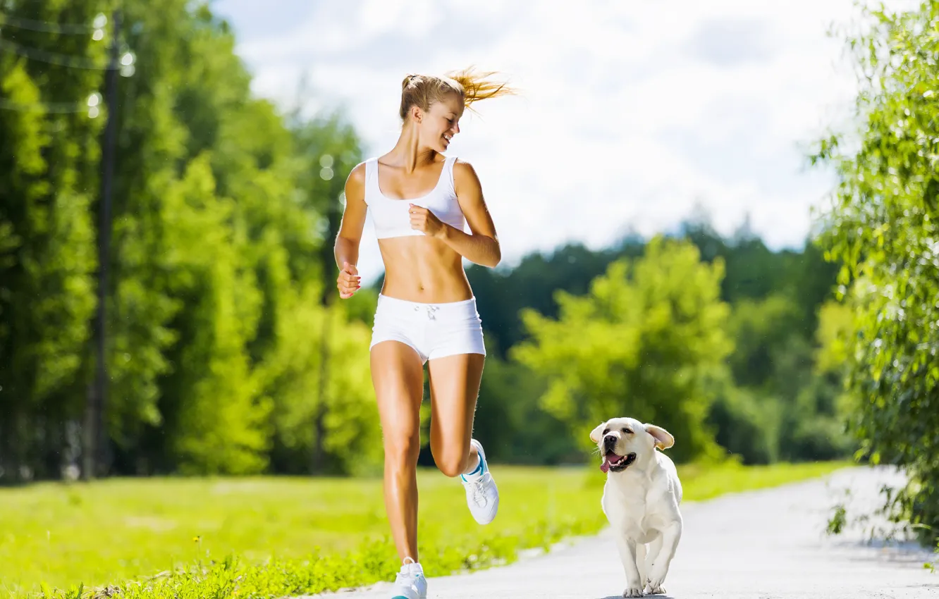 Фото обои woman, dog, running, physical activity