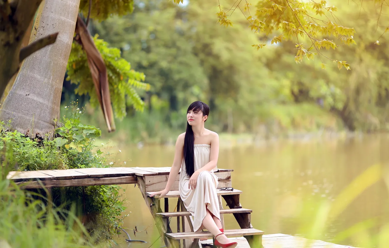 Фото обои лето, девушка, озеро, азиатка