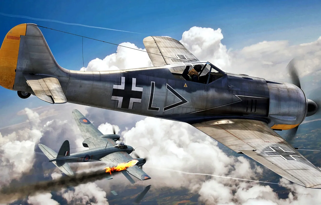 Фото обои RAF, Luftwaffe, Fw-190, Mosquito, Jagdgeschwader 26, Stab./JG26, Fw.190A-2, Erwin Leibold