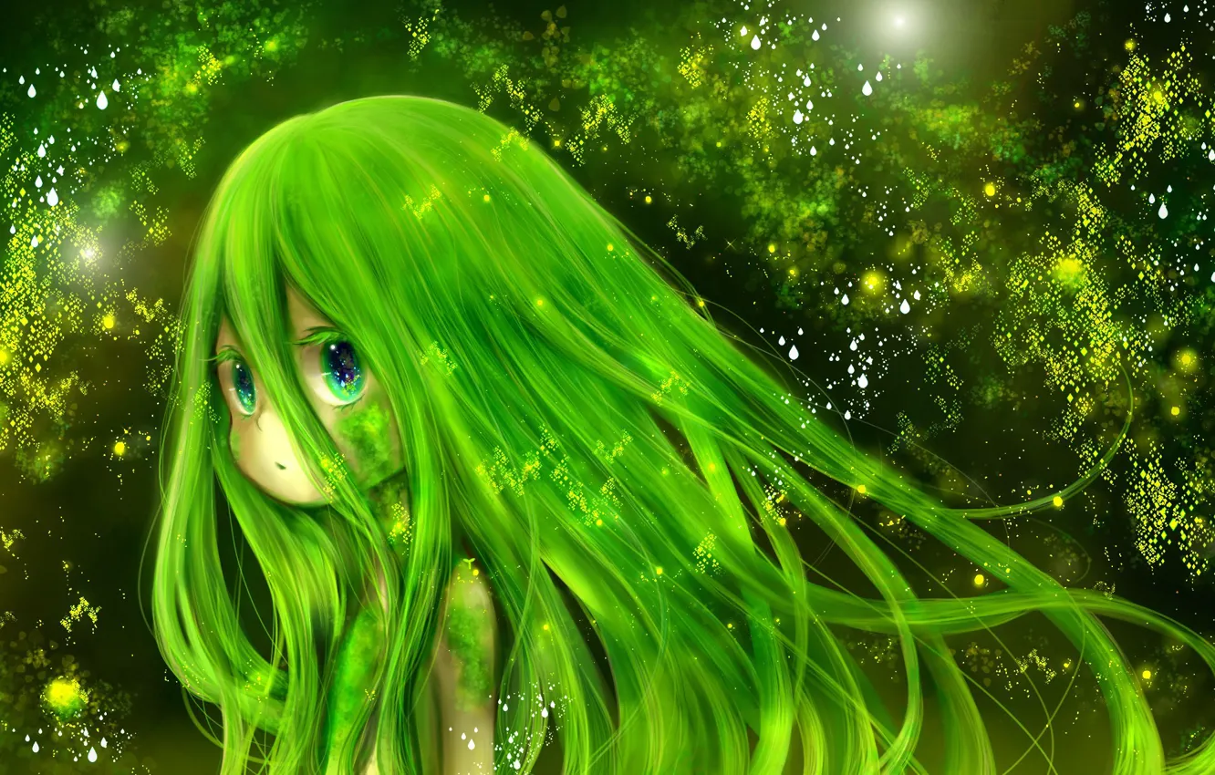 Фото обои green, kawaii, girl, fantasy, nature, anime, beautiful, pretty