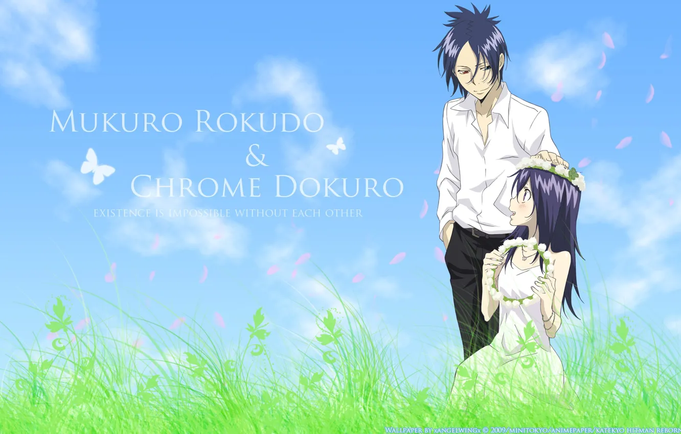 Фото обои аниме, луг, двое, Rokudou Mukuro, Katekyo Hitman REBORN!, Chrome Dokuro
