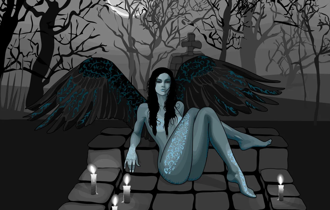 Фото обои девушка, крылья, вектор, кладбище