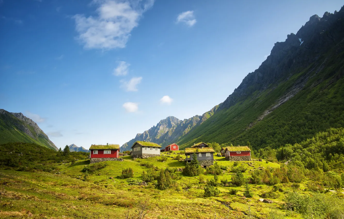 Фото обои горы, фото, дома, Норвегия, Norway, Kolas