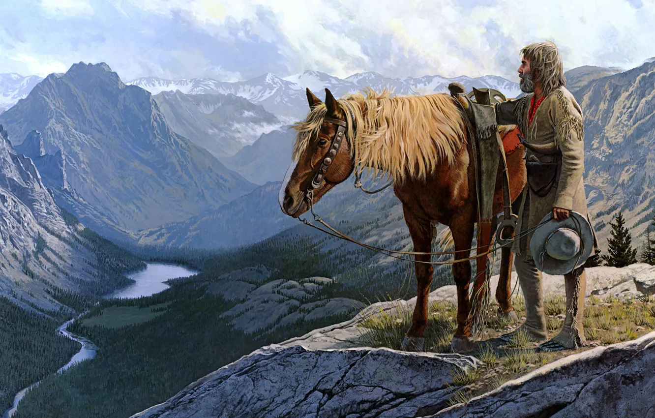 Фото обои картина, конь, траппер, горы, painting, живопись, долина
