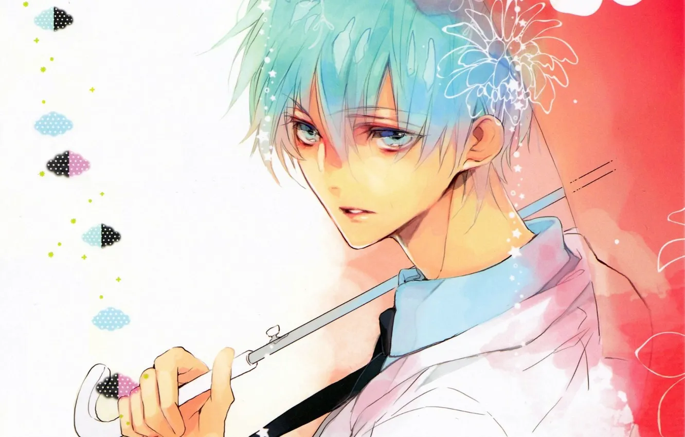Фото обои взгляд, зонт, ручка, галстук, парень, голубые волосы, art, kuroko tetsuya