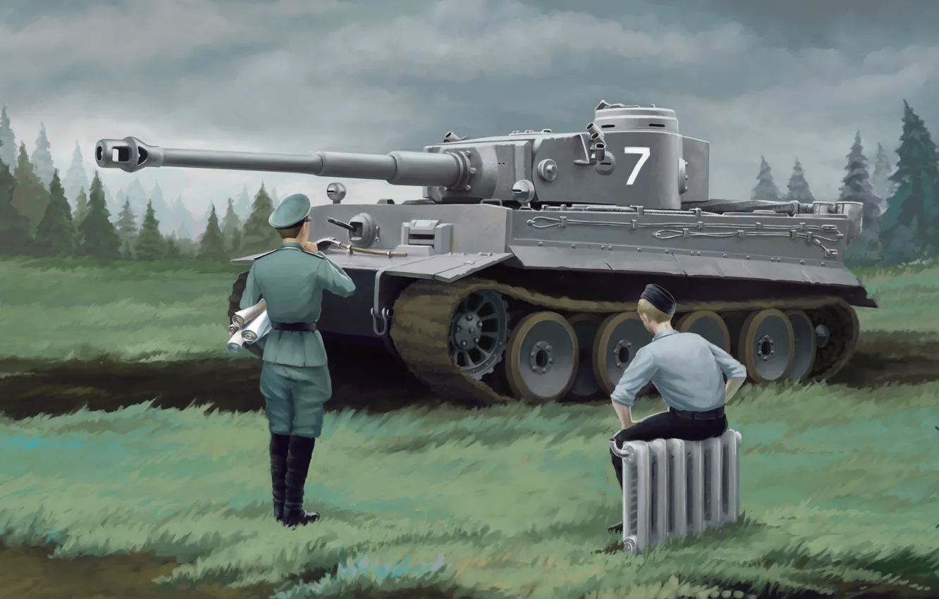 Фото обои рисунок, Тигр, солдат, танк, Арт, радиатор, Tiger, офицер