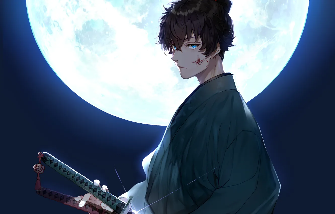 Фото обои ночь, луна, катана, самурай, парень, полнолуние, fate series, fatesamurai