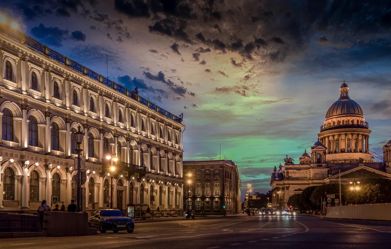 Фото обои ночь, город, здания, Питер, освещение, Санкт-Петербург, Исакиевский собор