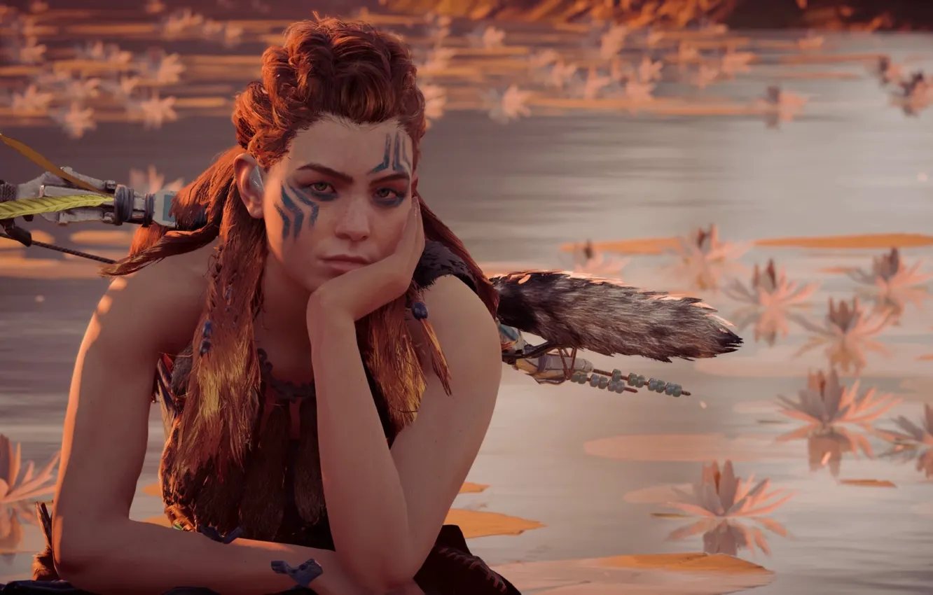 Фото обои закат, лук, тату, рыжая, Horizon: Zero Dawn, Эллой