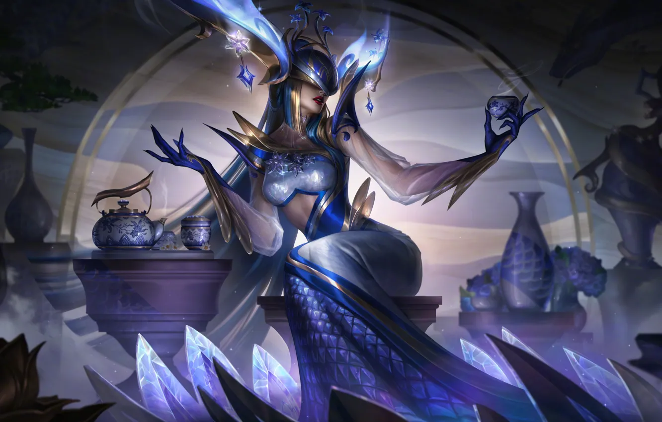 Фото обои сияние, игра, чайник, чашки, жест, персонаж, вазы, League of Legends