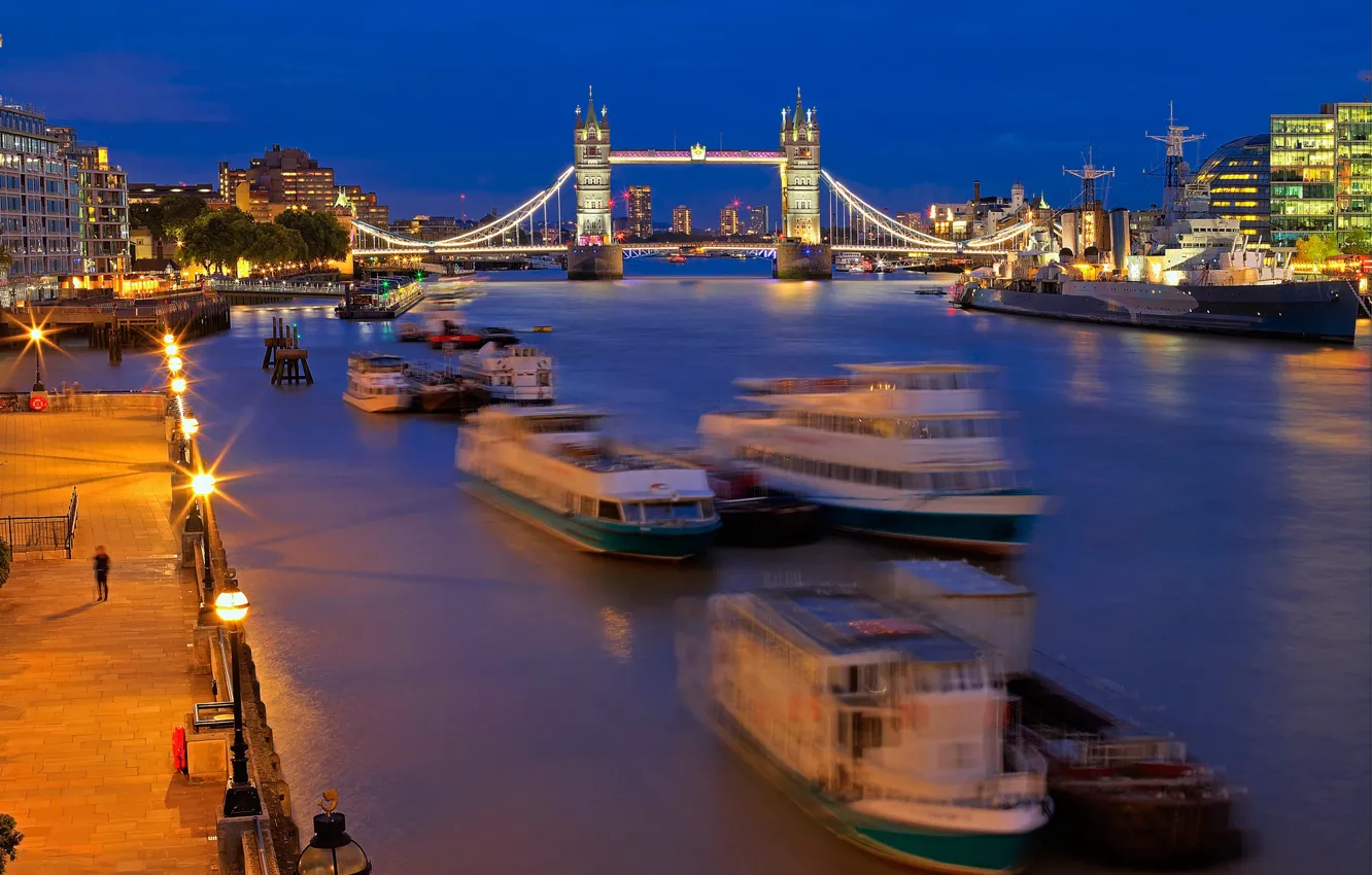 Фото обои река, корабль, Англия, Лондон, hdr, Темза, Тауэрский мост