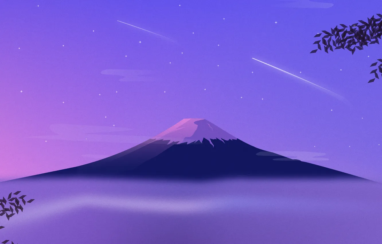 Фото обои небо, звезды, пейзаж, природа, туман, минимализм, арт, гора Фуджи
