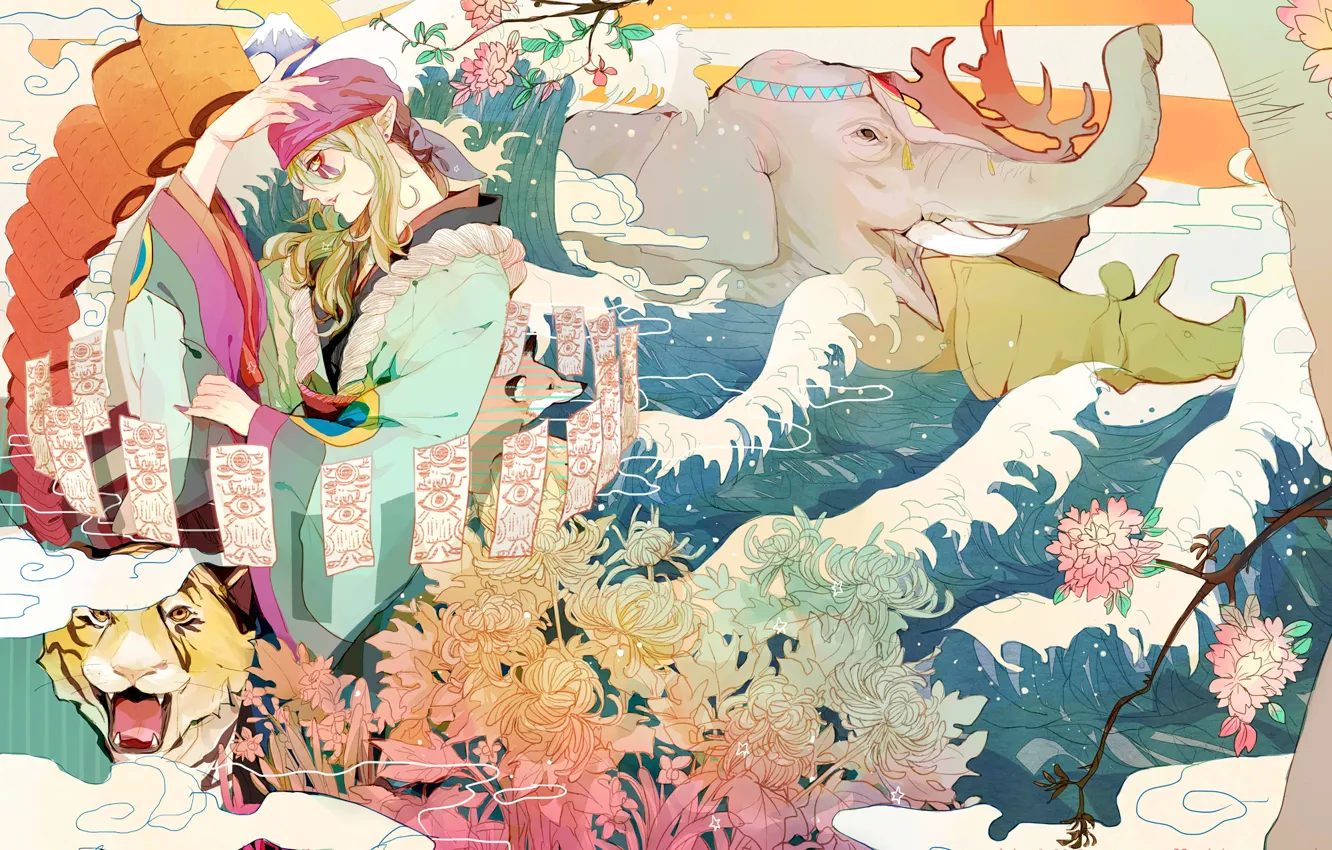 Фото обои вода, цветы, тигр, звери, слон, арт, парень, Mononoke