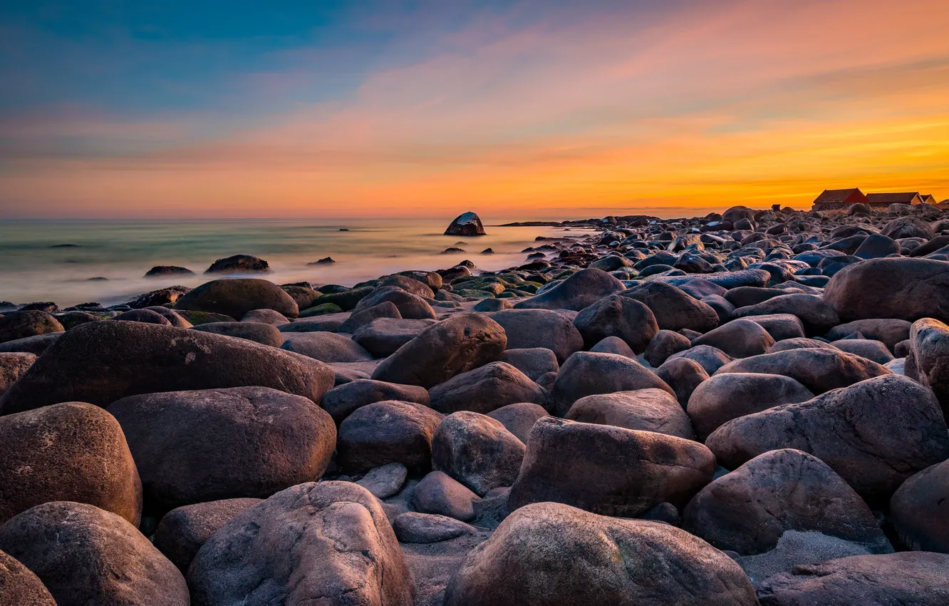 Фото обои закат, камни, побережье, Норвегия