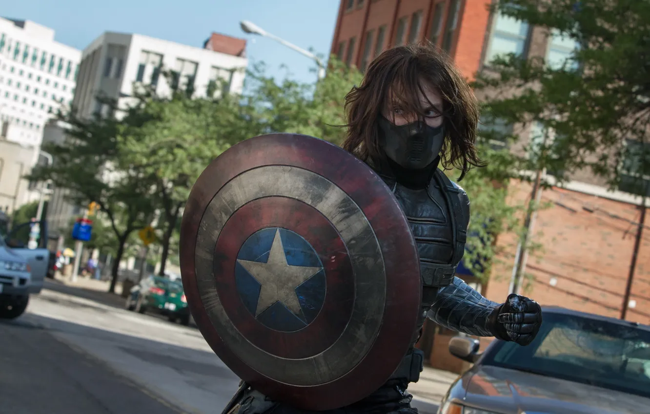 Фото обои маска, щит, Первый мститель: Другая война, Captain America: The Winter Soldier, Sebastian Stan, Winter Soldier, …