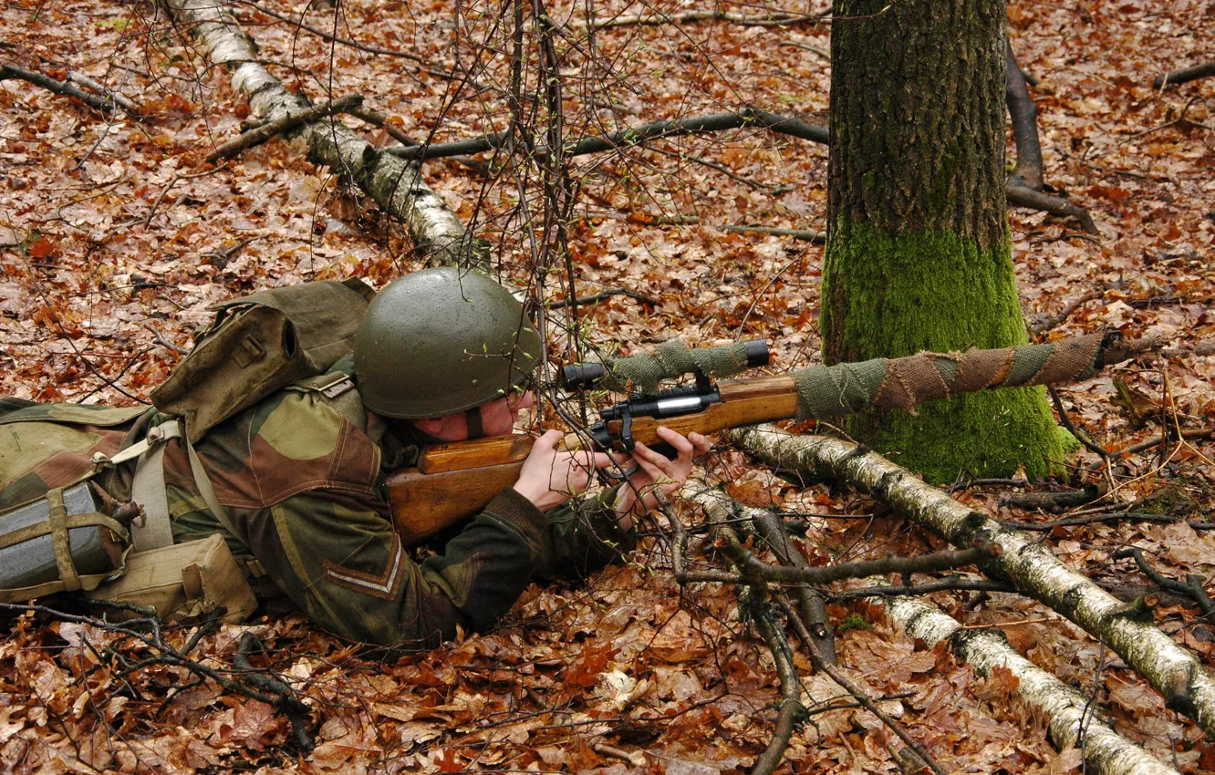 Фото обои осень, лес, листья, солдат, оптика, снайпер, каска, снайперская винтовка