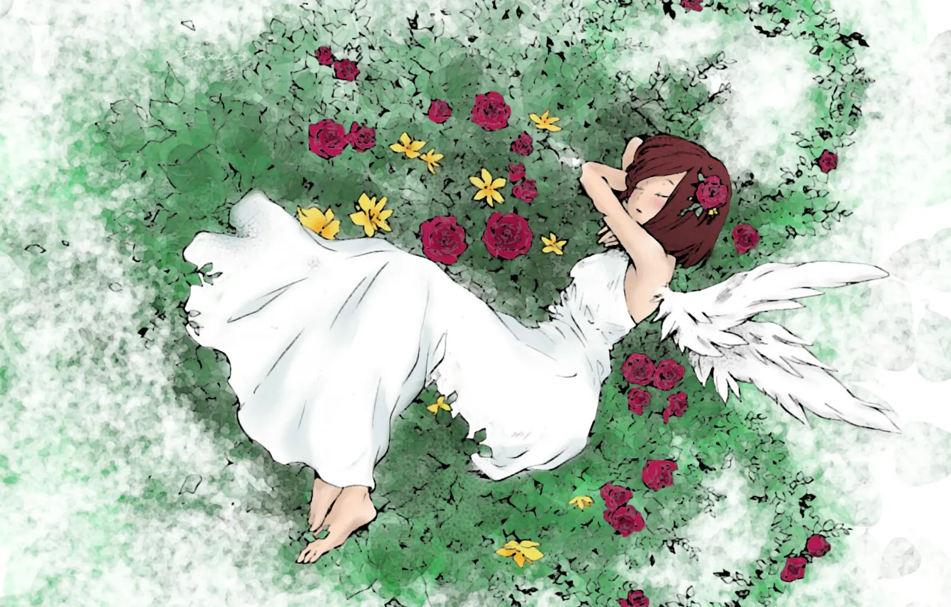 Фото обои трава, сон, крылья, девочка, цветочки, белое платье, art, босая