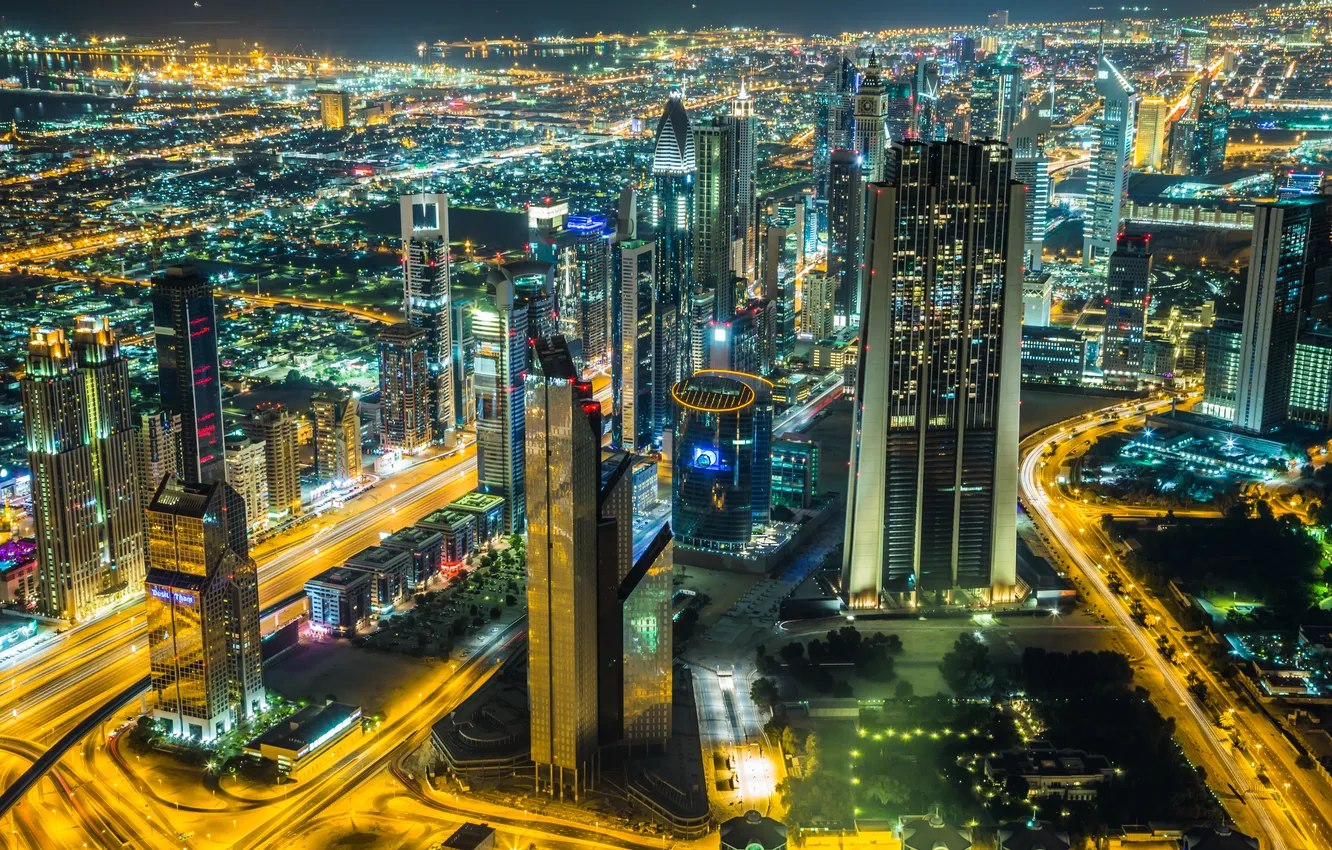 Фото обои Дубай, Dubai, city lights, downtown, огни города, в центре города, night scene, ночная сцена