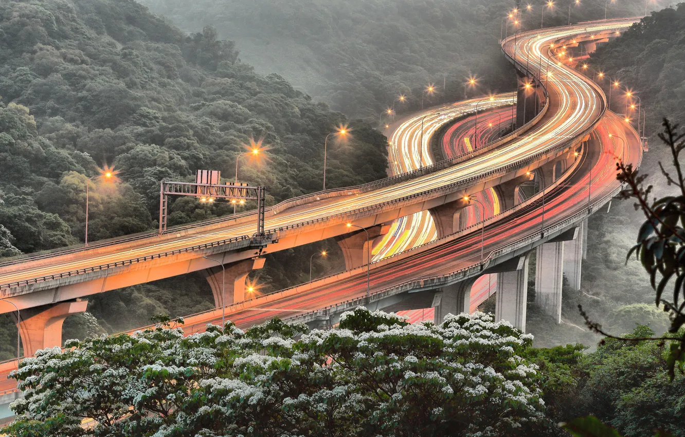 Фото обои дорога, свет, огни, весна, выдержка, Тайвань, хайвей