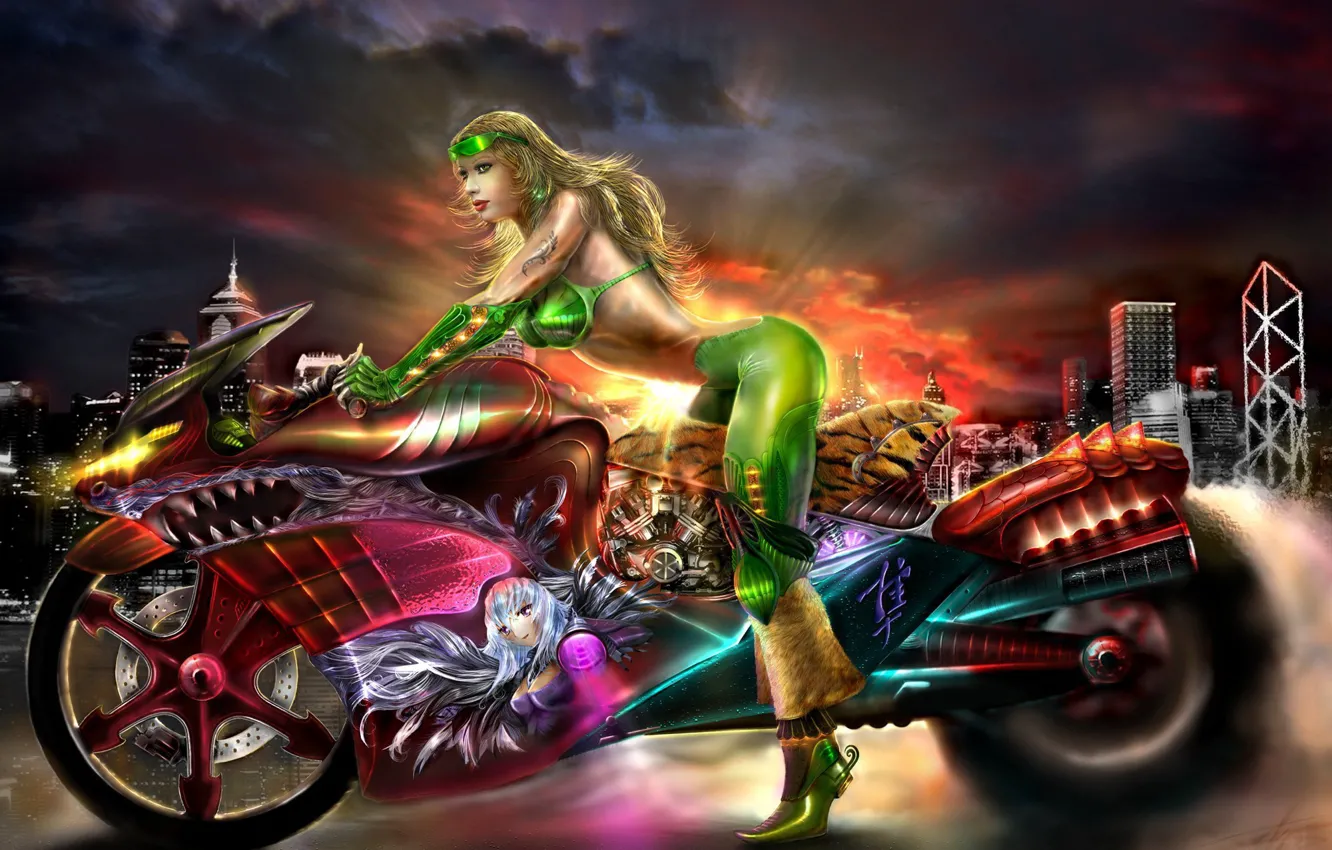 Фото обои небо, женщина, здания, мотоцикл, Elvira moto
