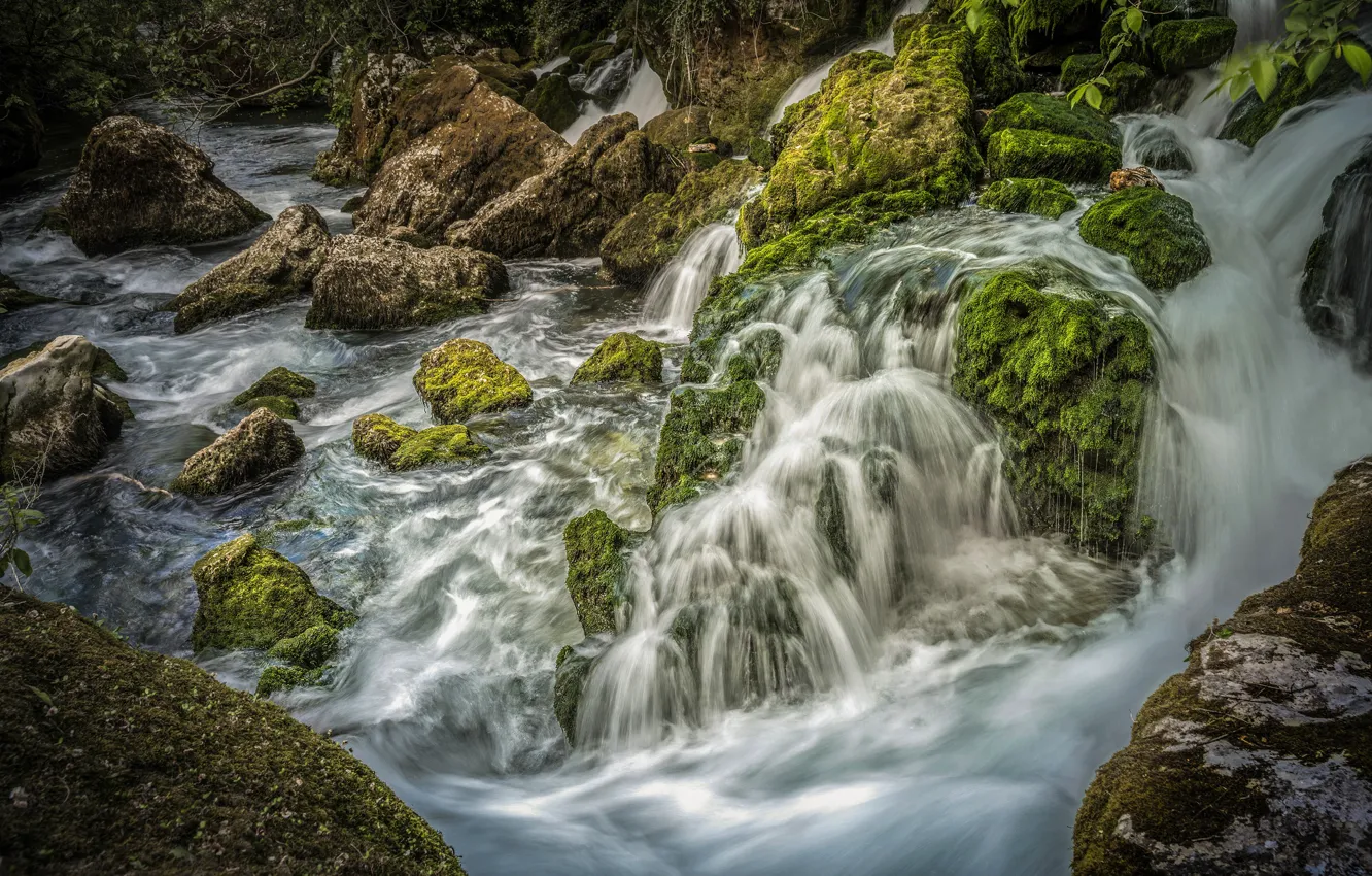 Фото обои зелень, камни, Франция, водопад, мох, Provence