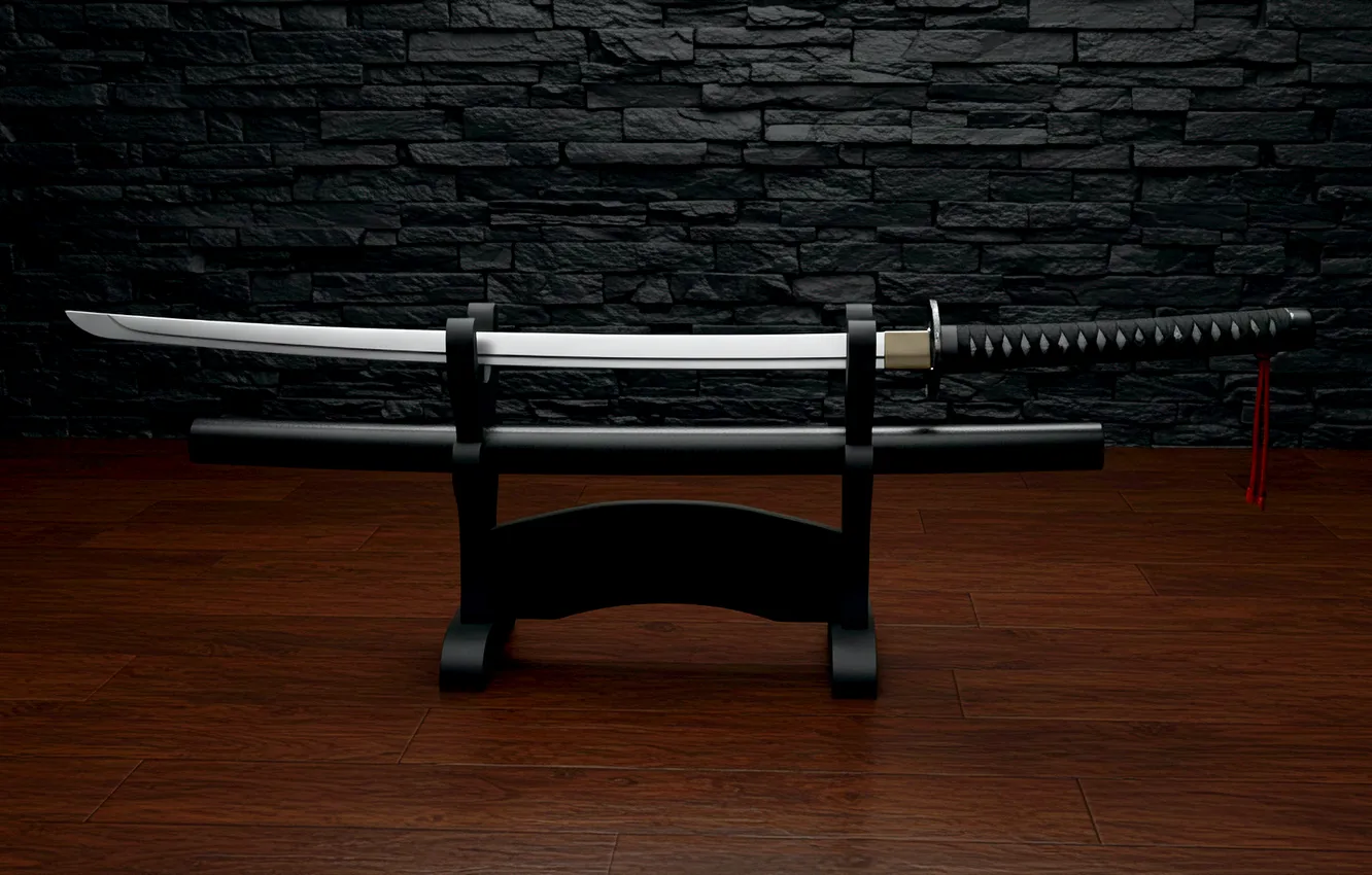 Фото обои темный фон, стена, катана, sword, wall, мечь, подставка, katana