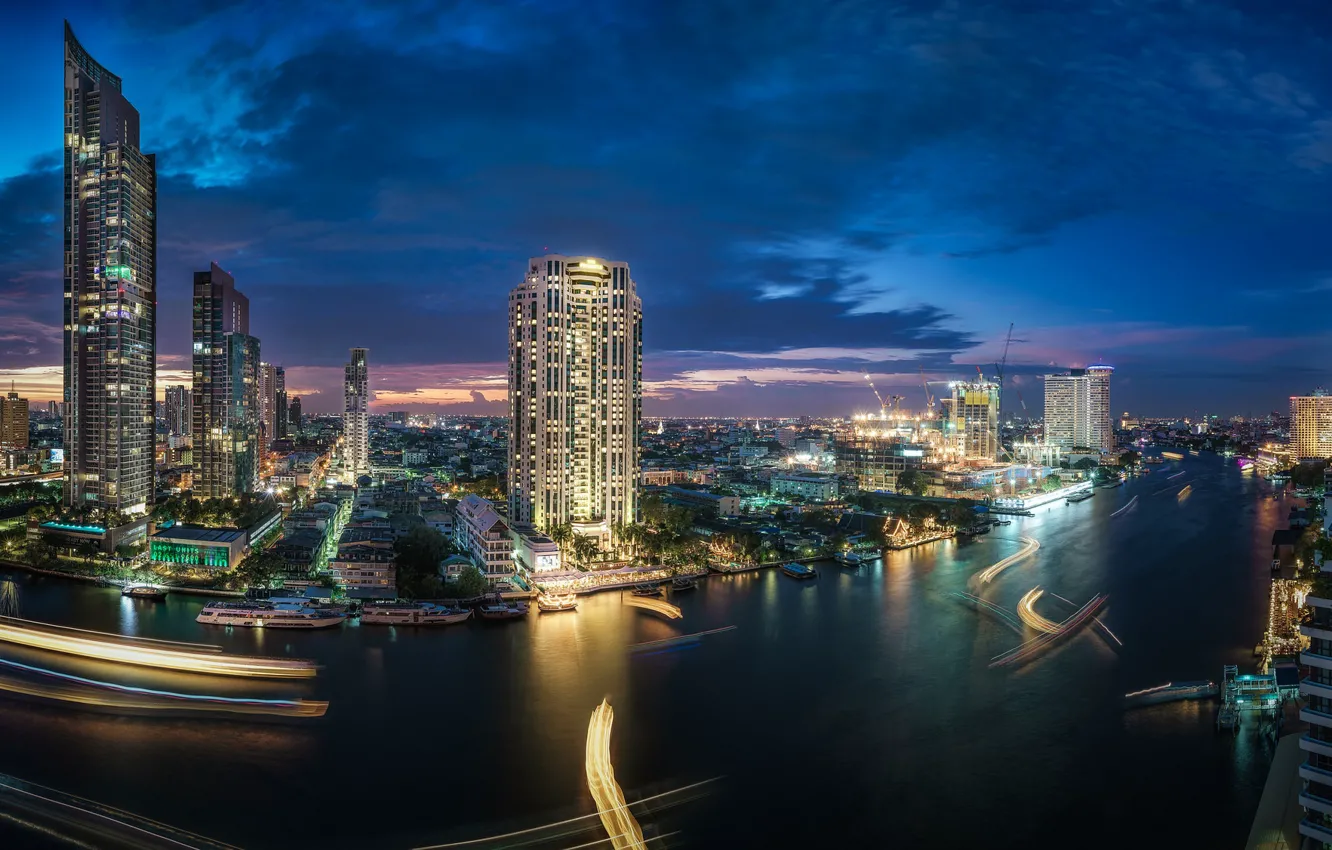 Фото обои река, здания, Таиланд, Бангкок, Thailand, ночной город, небоскрёбы, Bangkok