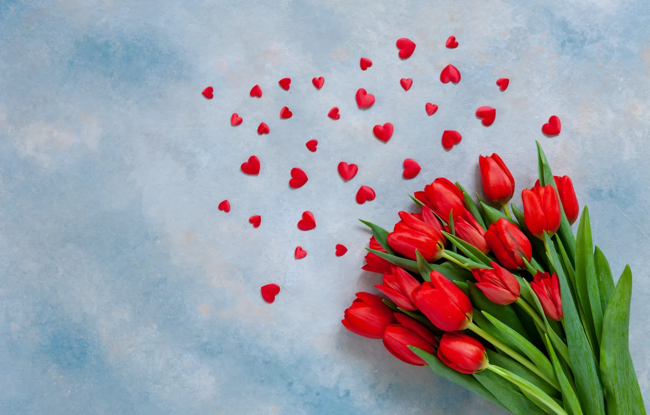 Фото обои любовь, сердечки, тюльпаны, red, love, romantic, hearts, tulips