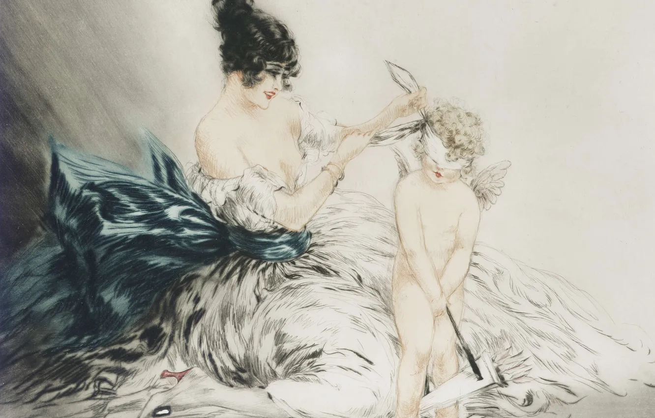 Фото обои ангел, 1922, Louis Icart, арт-деко, офорт и акватинта, С завязанными глазами
