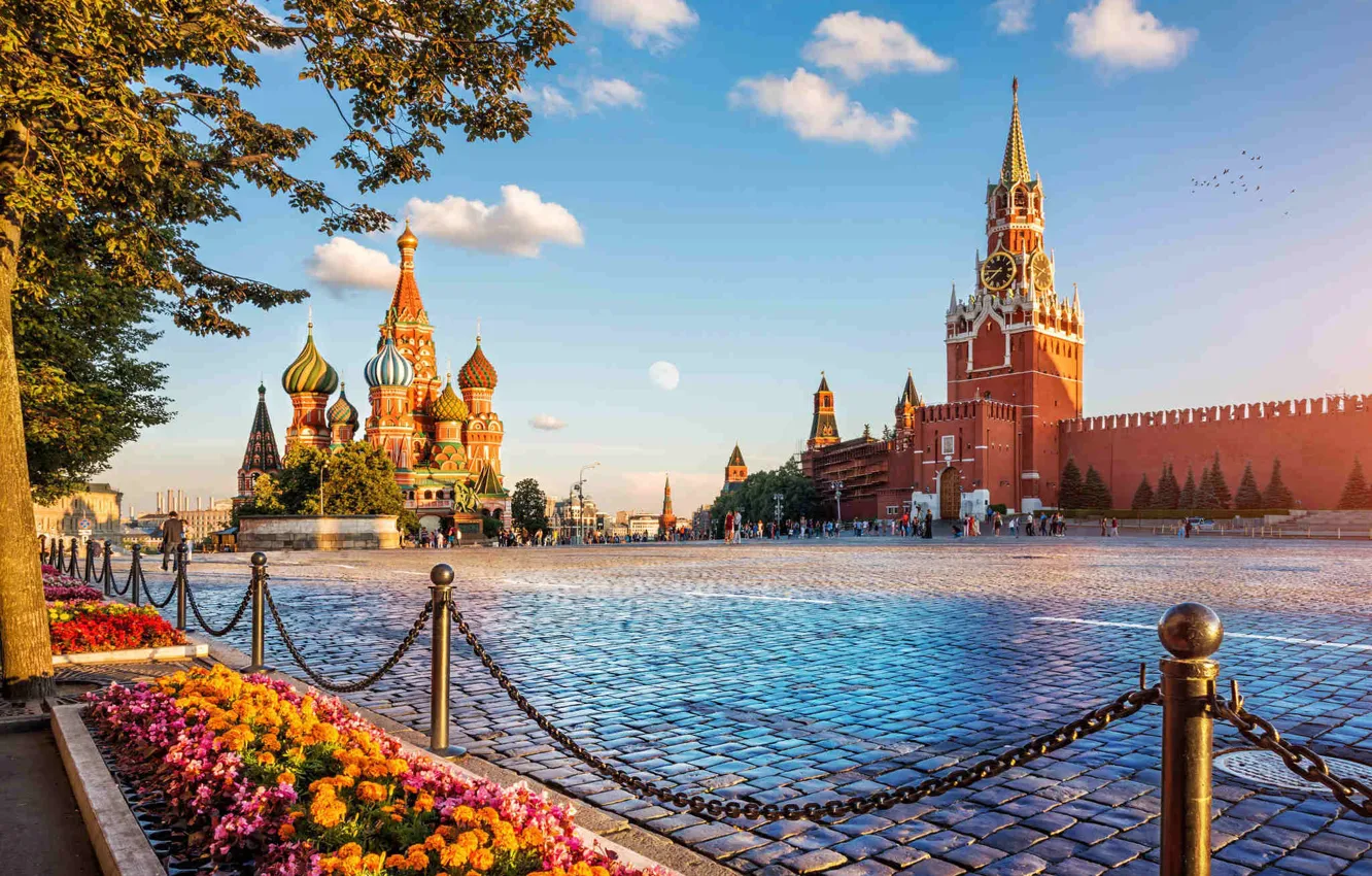 Фото обои небо, цветы, площадь, Москва, Россия, Красная площадь