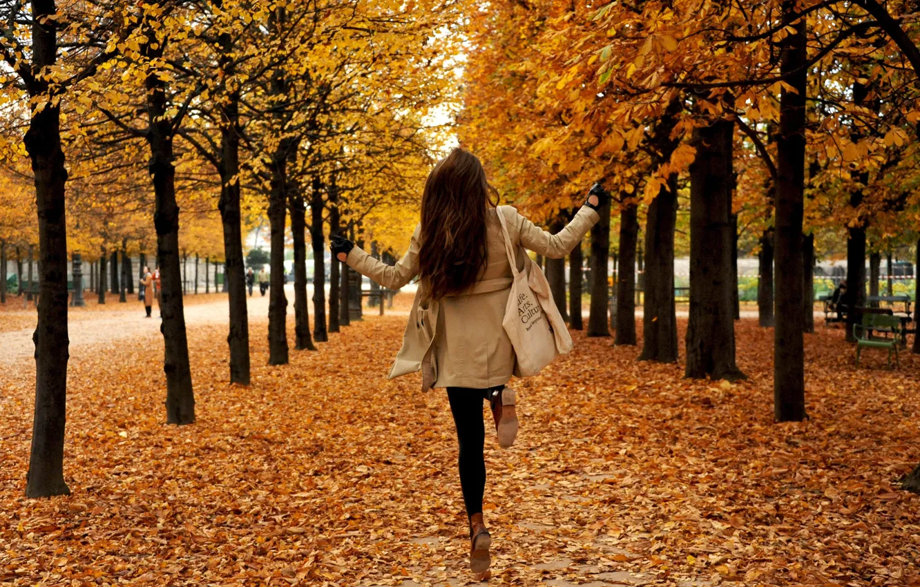Фото обои осень, девушка, деревья, парк, листва, листопад