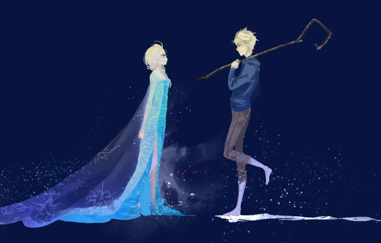Фото обои девушка, арт, Frozen, парень, Rise of the Guardians, Хранители снов, Ледяной Джек, Elsa