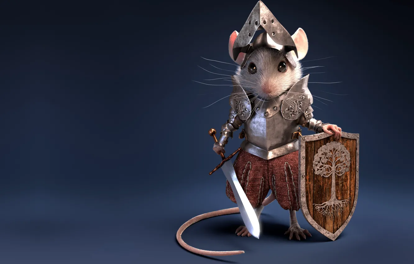 Фото обои меч, мышка, арт, щит, рыцарь, латы, детская, Knight Mouse