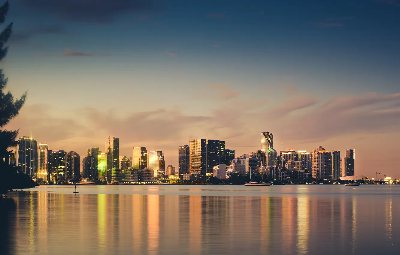 Фото обои закат, город, небоскребы, Sunset, Miami Skyline