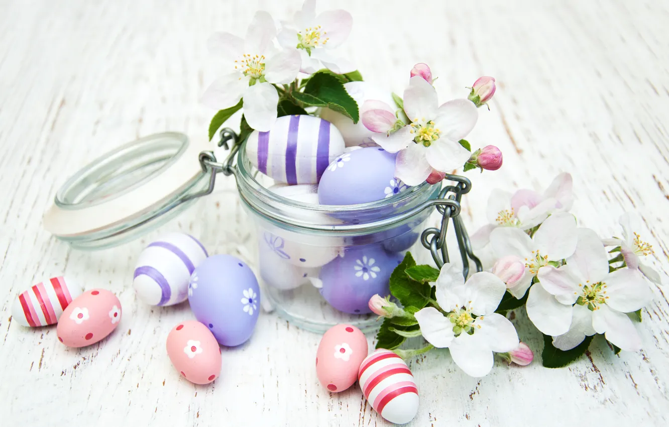 Фото обои ветка, весна, Пасха, цветочки, eggs, баночка, Olena Rudo