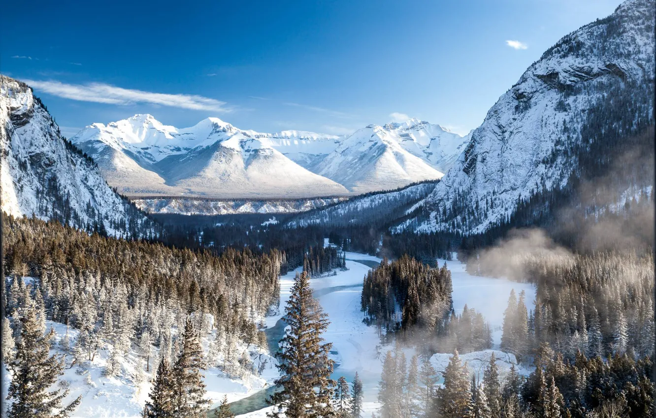 Фото обои зима, горы, река, Canada, Banff