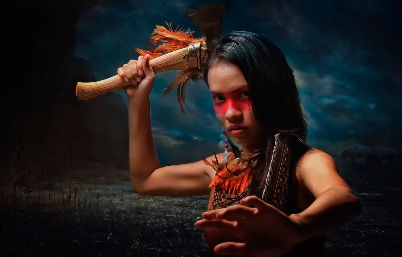 Фото обои девушка, боевой топор, томагавк, боевая раскраска, Native American