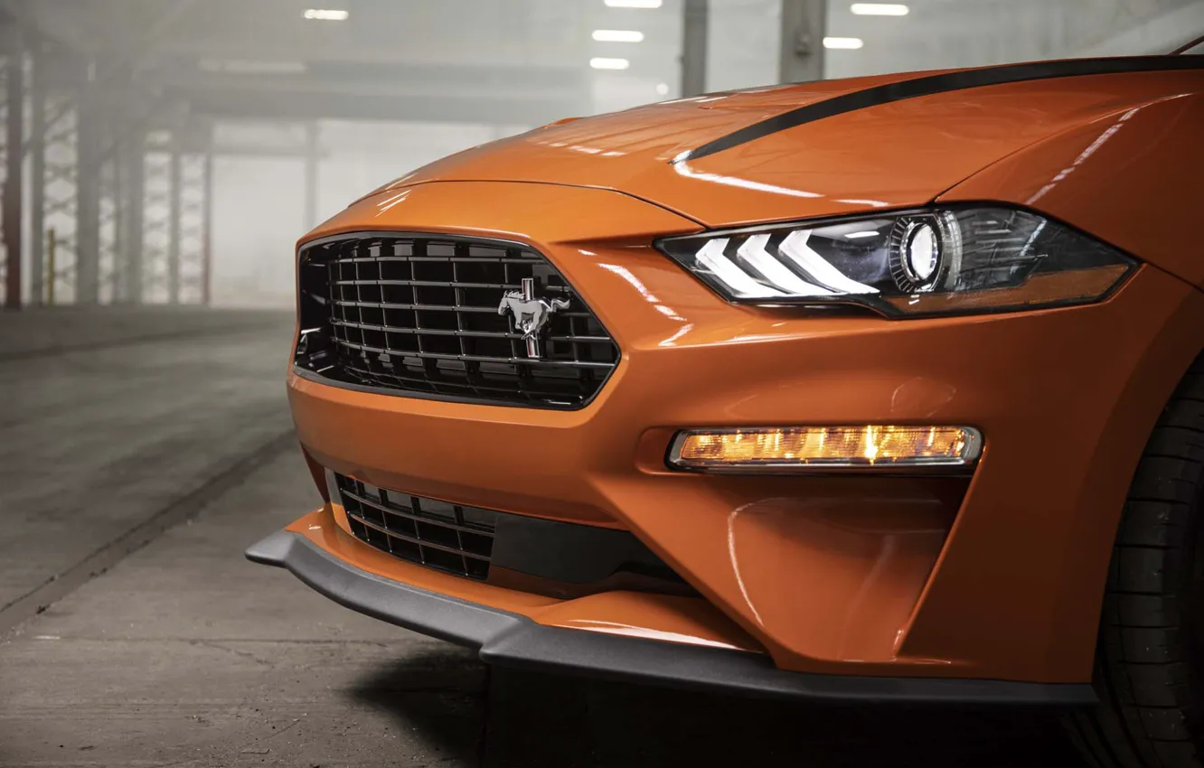 Фото обои Orange, Ford Mustang, Muscle Car, Передок, EcoBoost, 2020