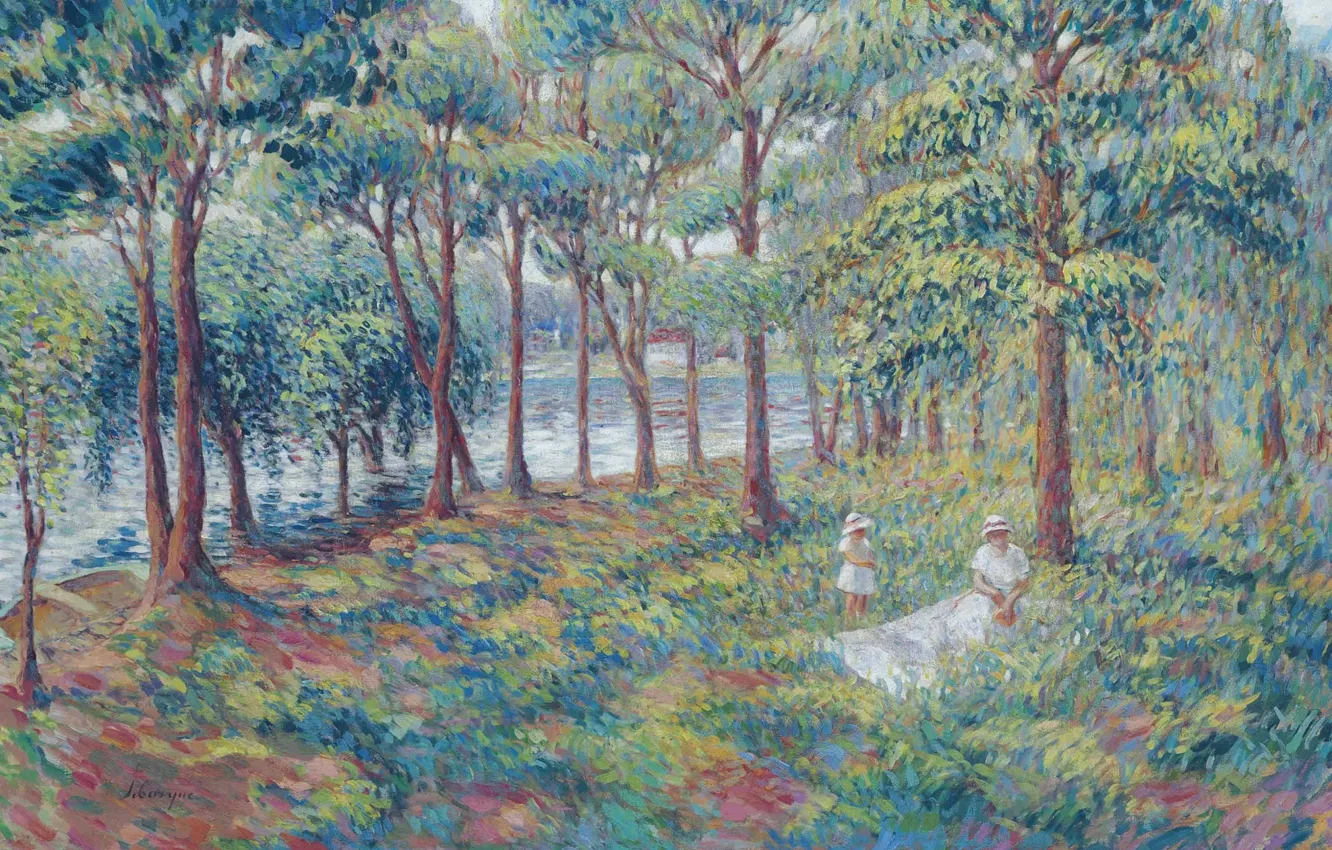 Фото обои деревья, пейзаж, река, картина, жанровая, Анри Лебаск, Madame Lebasque and Daughter by the Marne