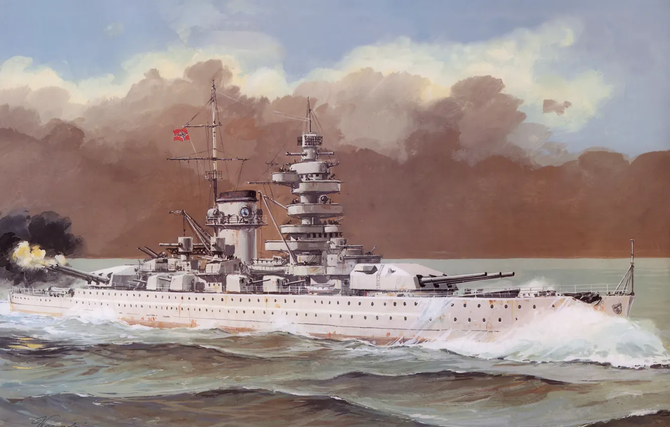 Фото обои море, волны, дым, рисунок, выстрел, арт, крейсер, немецкий