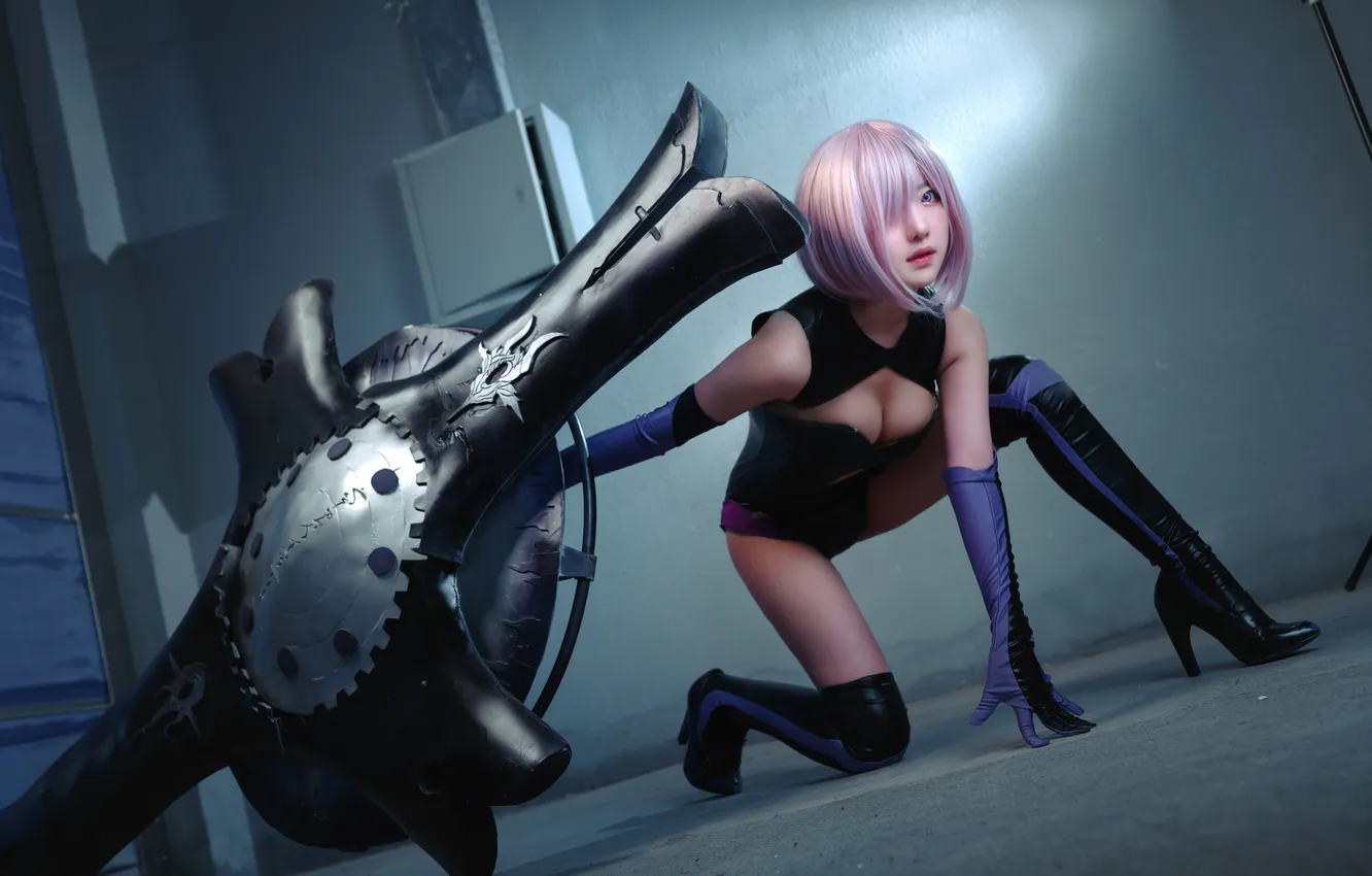 Фото обои Asian, dress, short hair, women, cosplay, purple hair, slim body, Mash Kyrielight