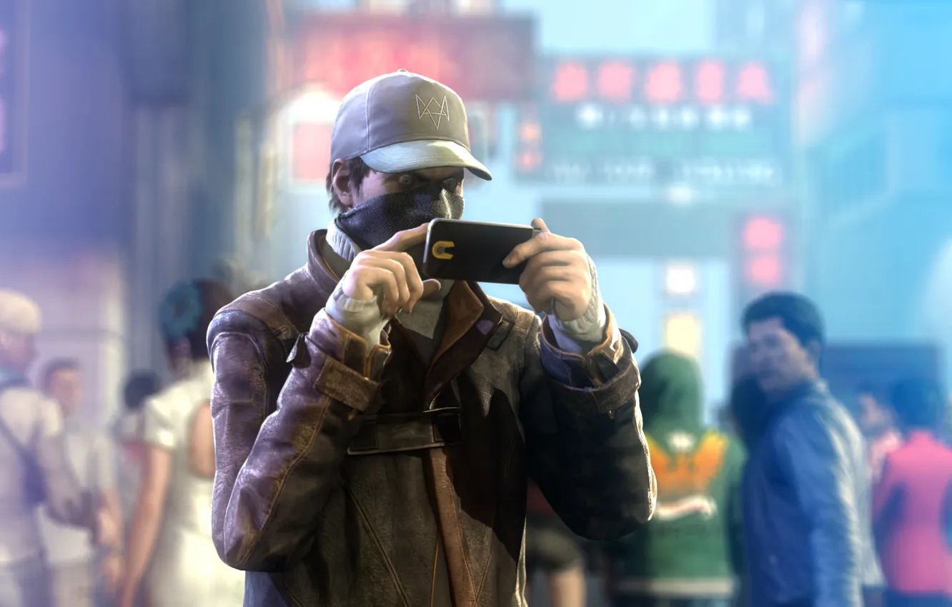 Фото обои взгляд, телефон, кепка, плащ, watch dogs, aiden pearce